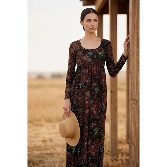 Lord & Taylor Dresses & Skirts - Vintage Lord & Taylor Black Colorful Folk Floral Maxi Dress Front Slits
